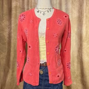 Vintage Embroidered Cardigan Sweater 90s Floral Button Up Knit Orange Boho Folk